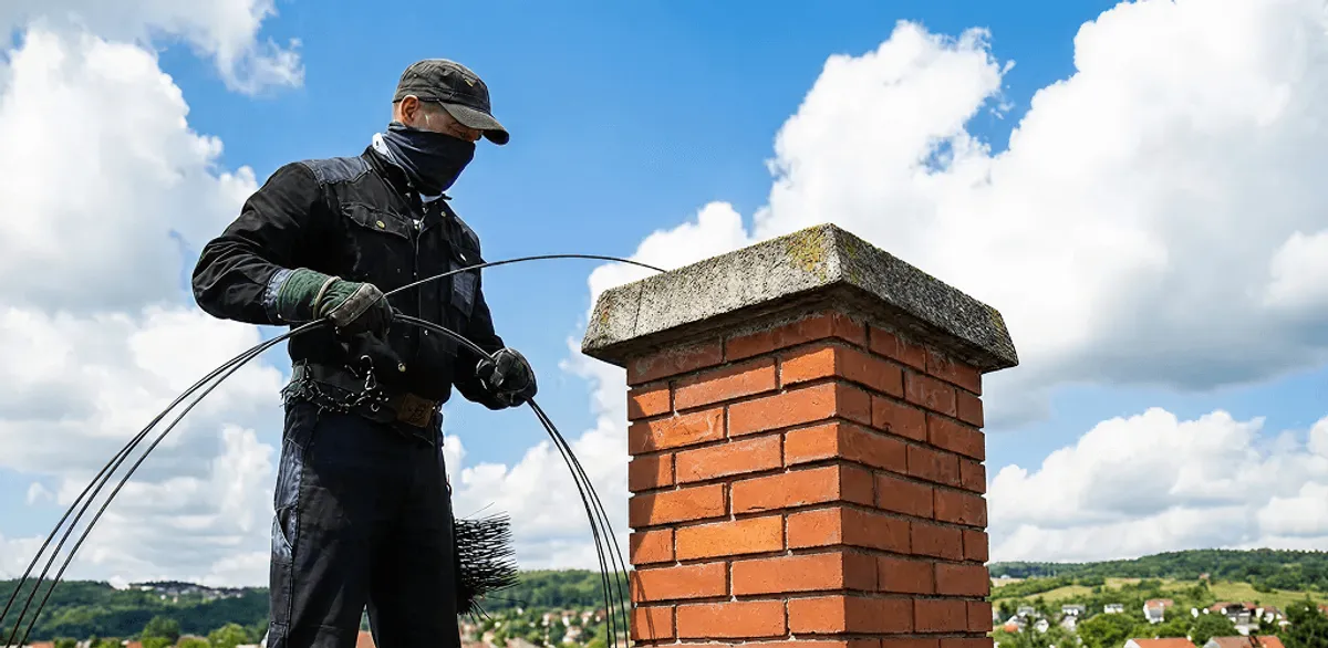 Chimney sweep cleaning a brick chimney with professional tools in Cincinnati, OH